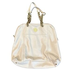 Tory Burch Marion Slouchy Tote Cream Pebbled Leather Gold Chain Handbag Hobo